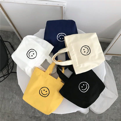 Simple Solid Color Smiley Print Canvas Shopping Bag