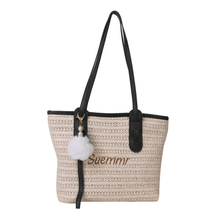 Summer Women Fashion Letter Woven Plush Pendant Large Capacity Tote Bag