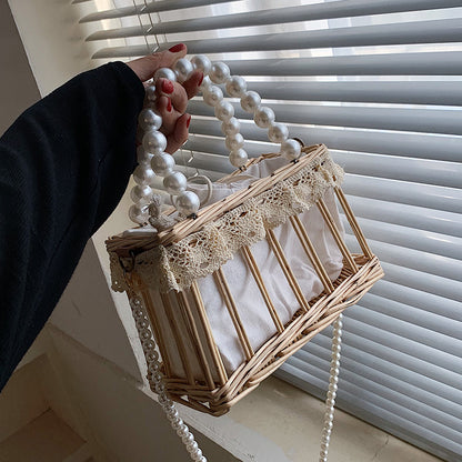 Sac à bandoulière tissé de couleur unie pour femme, motif de perles pastorales, sac de plage 