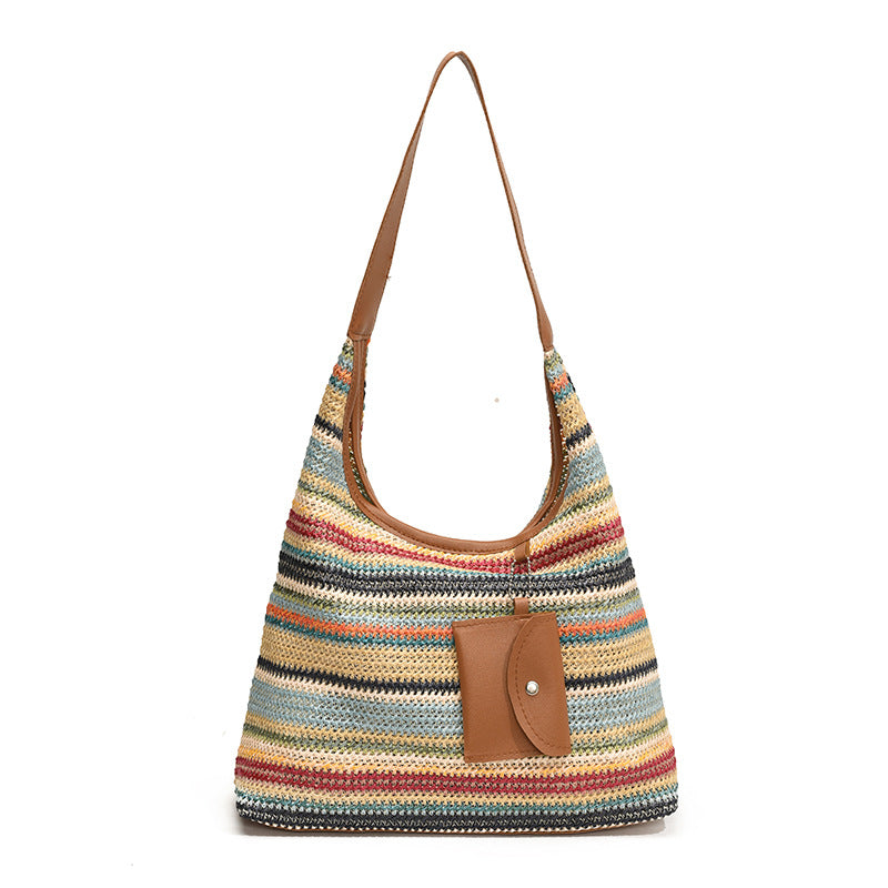Women Fashion Casual Large Capacity Contrast Color Hand Woven Tote Bag