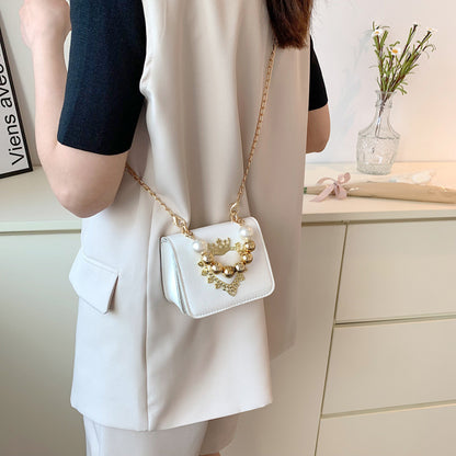 Women Fashion Elegant Heart Pearl Handbag Crossbody Small Square Bag