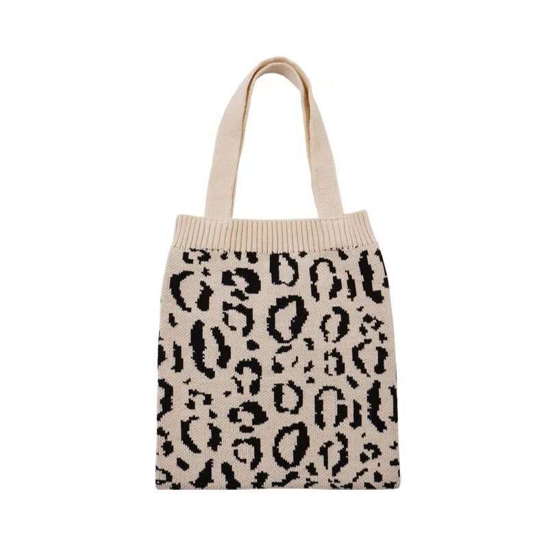 Knitted Shopping Bag Leopard Woven One-Shoulder Casual Portable Shoulder Handle Bag