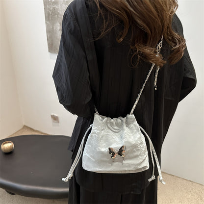 Summer Women Fashionable Solid Color Butterfly Decoration Drawstring Bucket Crossbody Bag