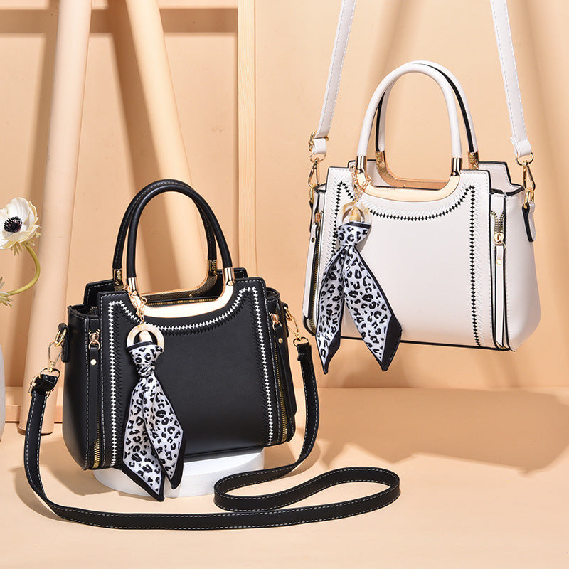 Women Fashionable Large Capacity Silk Scarf Decorative Zipper PU Handle Shoulder Bag