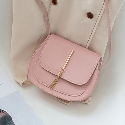 Women Basic Buckle Design Solid Color Mini Tassel PU Shoulder Bag