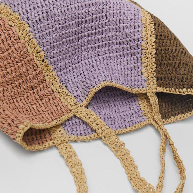 Sac fourre-tout de plage tissé en paille de couleur contrastée, grande capacité, tendance, pour les vacances 
