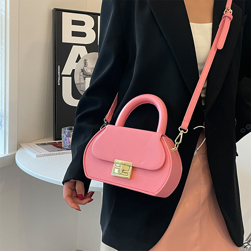Women Fashionable Solid Color Flap Lock Shaped Handle Crossbody Bag