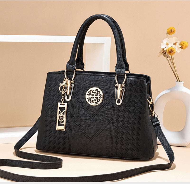 Women Elegant Pendant Decoration Zipper Design Solid Color Large Capacity PU Shoulder Bag