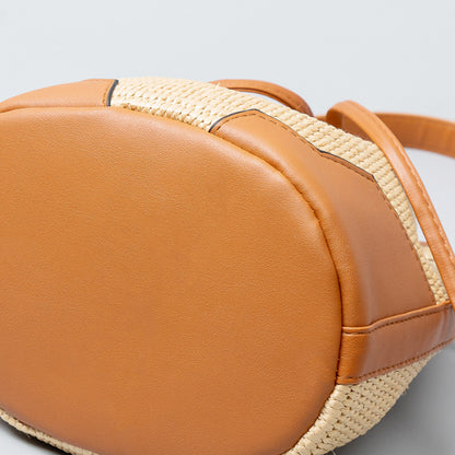 Women Bohemian Grass Woven Wide-Brimmed Jacquard Strap Drawstring Shoulder Bag