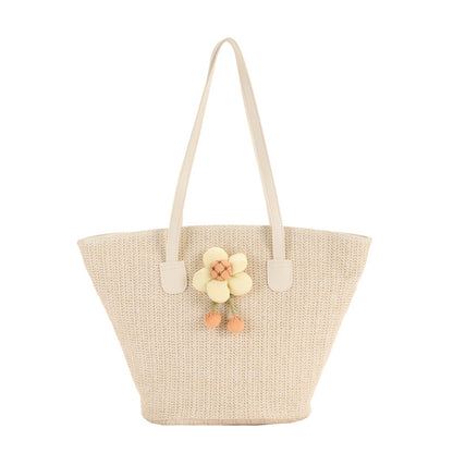 Women Fashionable Straw Woven Three-Dimensional Floral Large Capacity Tote Bag
