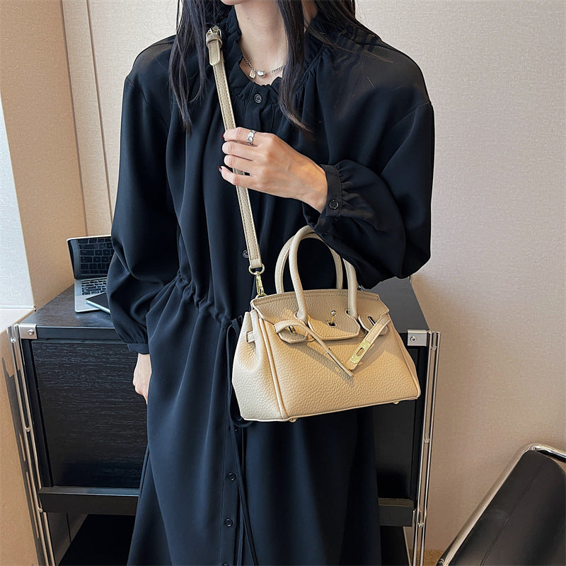 Women Fashion Solid Color Lock PU Handle Shoulder Bag