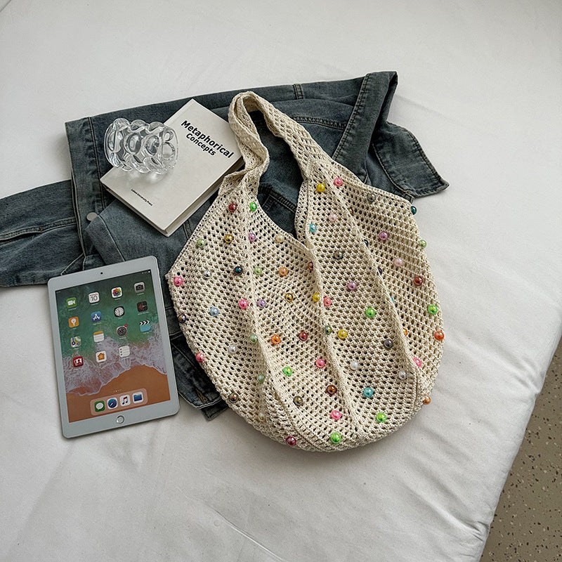 Summer Vacation Women Mori Style Soft Girl Fashion Hollow-Out Pearl Large Capacity Shoulder Woven Bag