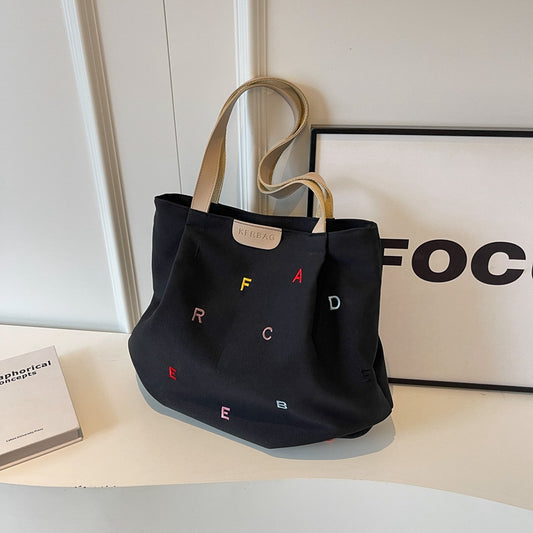 Women Fashionable Solid Color Large Capacity Letter Embroidered Canvas Tote Bag