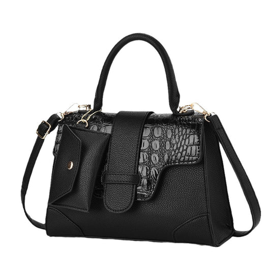 Women Fashion Casual Bright Leather Crocodile-Pattern Large Capacity Handbag Two-Piece Set