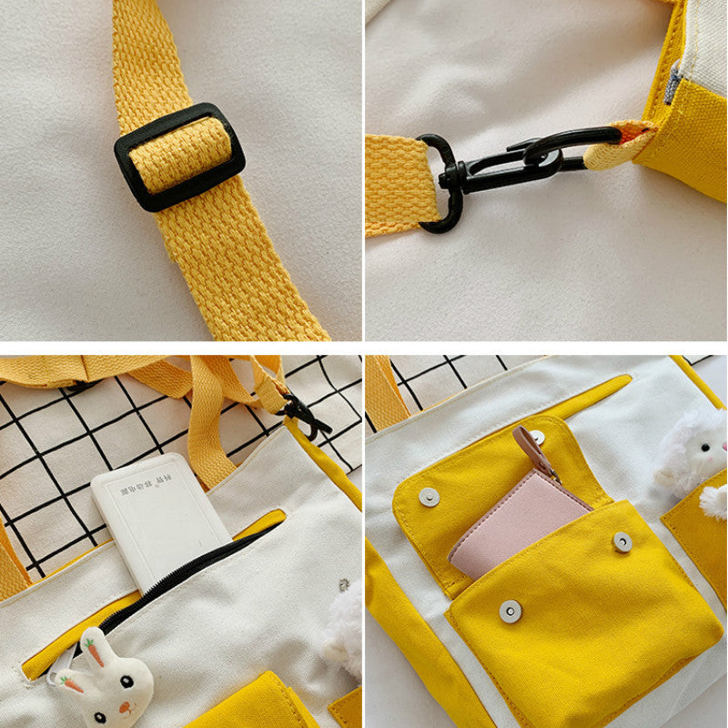 Women Cute Cartoon Doll Decoration Pocket Design Color Blocking Canvas Shoulder Bag