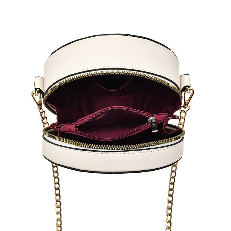 Women Fashionable Solid Color Rhombic Embroidery Cat Pendant Round Chain Crossbody Bag