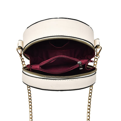 Women Fashionable Solid Color Rhombic Embroidery Cat Pendant Round Chain Crossbody Bag