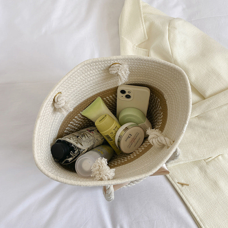 Women Fashionable Ethnic Style Straw Woven Bow Large Capacity Tote Bag