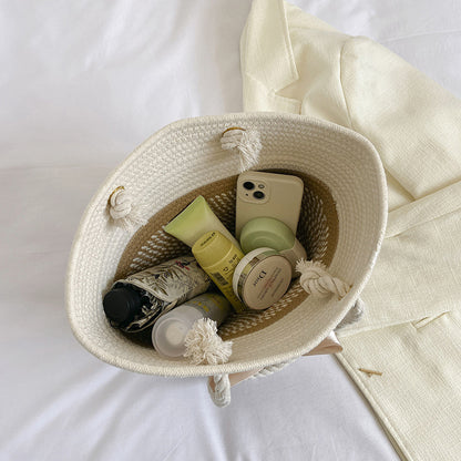 Women Fashionable Ethnic Style Straw Woven Bow Large Capacity Tote Bag