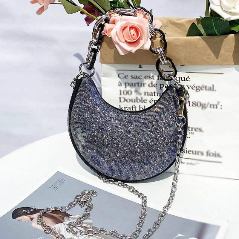 Sac à main à bandoulière en forme de croissant de lune à paillettes pour femme 