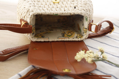 Women Fashion Simple Vacation Beach Straw Woven Color Block Tassel Zipper Flap Shoulder Bag