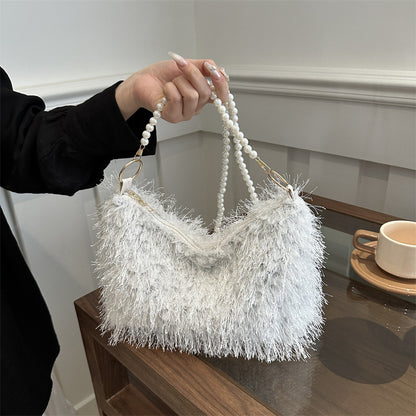 Fashion Solid Color Plush Pearl Chain Shoulder Bag