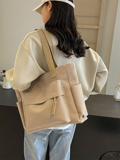 Women Casual Solid Color Large Capacity Multi-Pocket Canvas Tote Bag