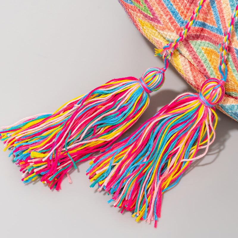 Women Bohemian Ethnic Style Jacquard Knitted Tassel Pendant Bucket Shoulder Bag