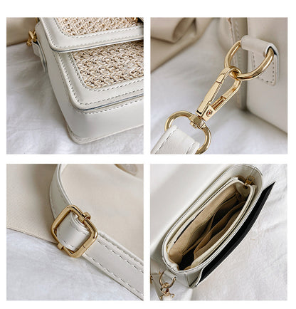 Sac à bandoulière en paille tissée de couleur unie pour femme, à rabat et poignée carrée 