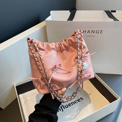 Sac seau à bandoulière en PU pour femme, simple et tendance, couleur unie, avec nœud 