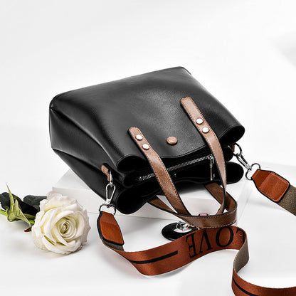 Women Fashion Solid Color Large Capacity Letter Wide Strap PU Handle Shoulder Bag