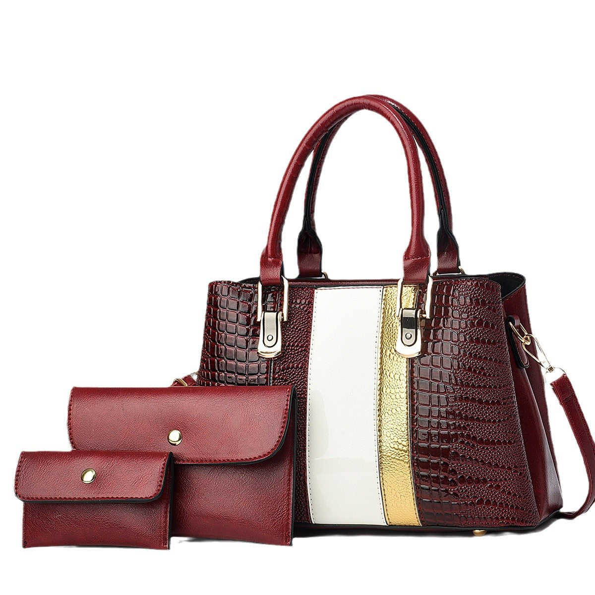 Women Fashion Casual Bright Leather Stone-Print Large Capacity Handbag Three-Pice Set