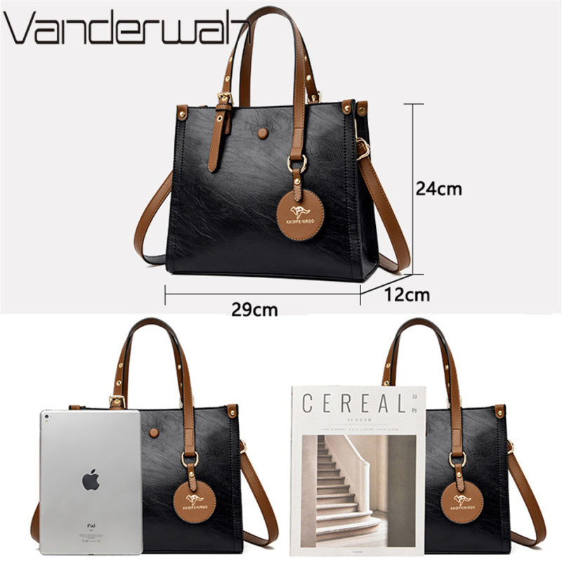 Women Casual Pendant Design Solid Color Large Capacity PU Handle Bag