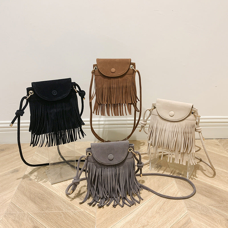 Women Fashion Suede Fringe Flap-On Crossbody Bag
