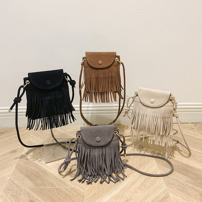 Women Fashion Suede Fringe Flap-On Crossbody Bag
