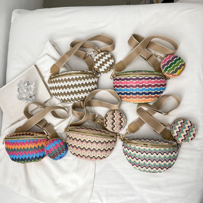 Summer Women Fashion Ethnic Style Color Block Straw Woven Crossbody Chest Bag