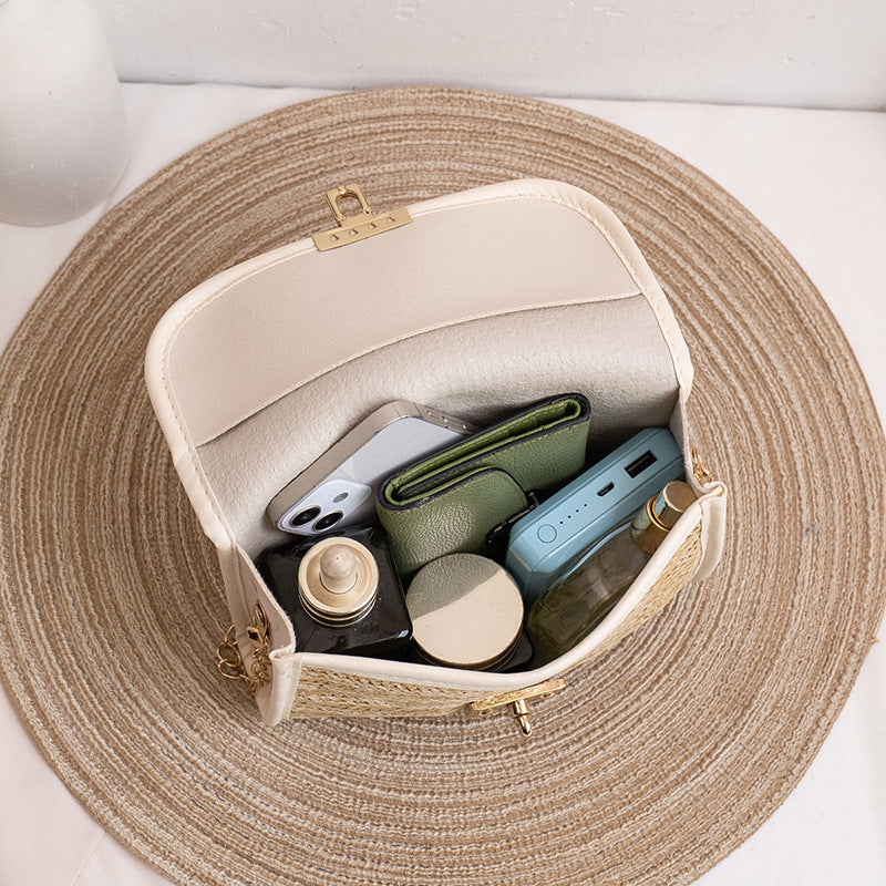 Women Fashion Casual Vacation Beach Magnetic Buckle Flap Chain Square Straw Woven Crossbody Bag