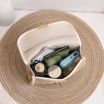 Women Fashion Casual Vacation Beach Magnetic Buckle Flap Chain Square Straw Woven Crossbody Bag