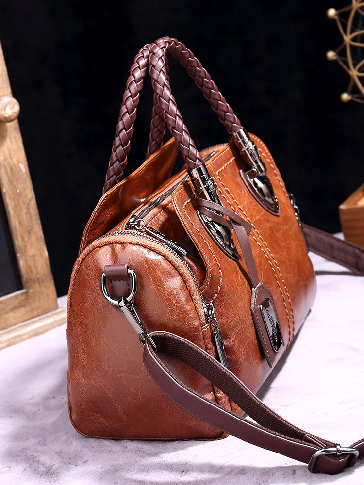 Women Fashion Retro Zip PU Woven Handle Shoulder Bag