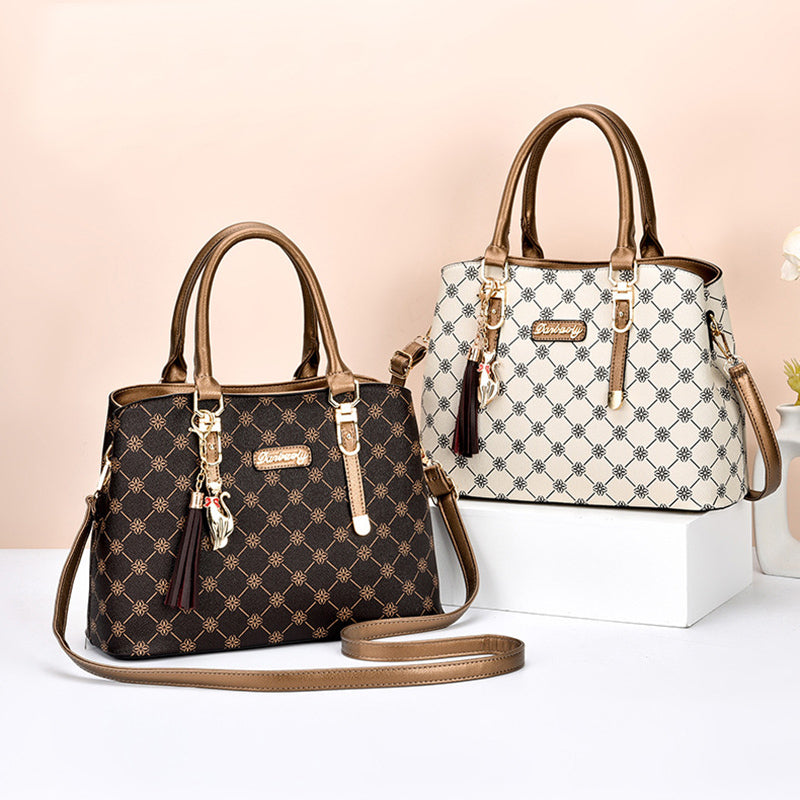 Women Elegant Tassel Pendant Flower Pattern Large Capacity PU Shoulder Bag