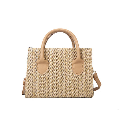 Sac à bandoulière en paille tissée pour femme, simple et tendance, grande capacité, avec poignée carrée 