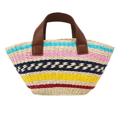 Women Fashion Bohemian Straw Bag Contrast Color Stripe Large Capacity Handbag