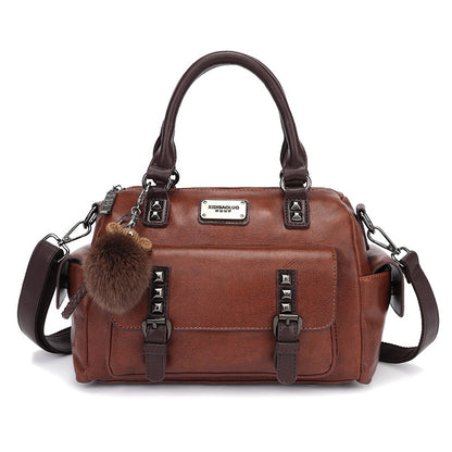 Women Fashion Retro Large Capacity Rivet Fur Ball Pendant PU Handle Shoulder Bag