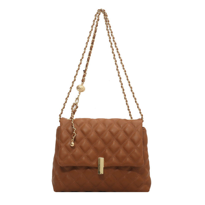 Women Basic Flap Buckle Design Rhombus Stitching Solid Color PU Shoulder Bag