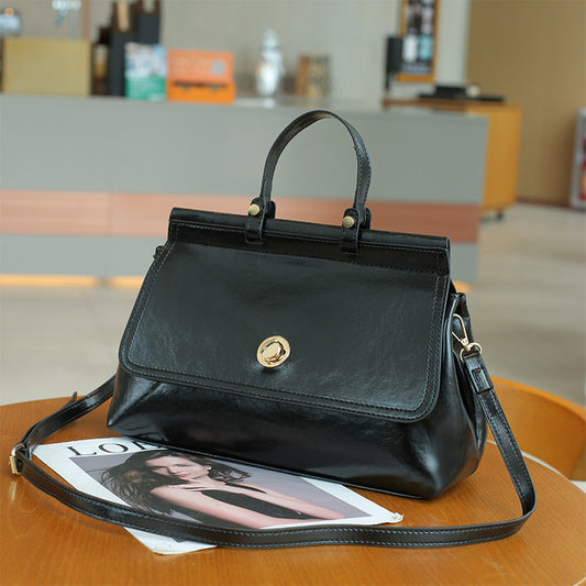 Women Simple Retro Solid Color Large Capacity Clap PU Handle Bag