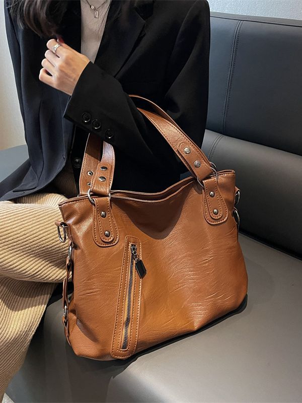 Women Fashionable Large Capacity Stud Zip PU Tote Bag