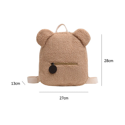 Women Cute Bear Shape Zipper Design Solid Color Plush Backpack