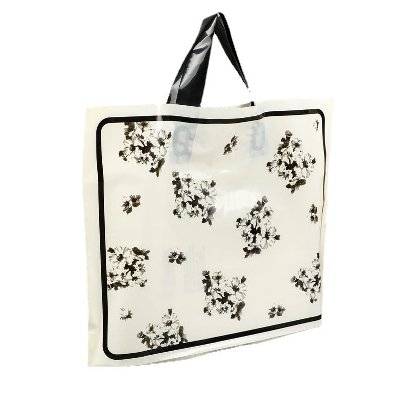 Simple Black White Floral Printed Shopping Plastic Tote Bag