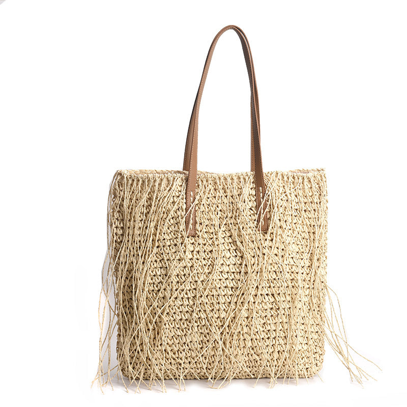 Women Casual Tassel Decoration Solid Color Large Capacity Straw Shoulder Bag