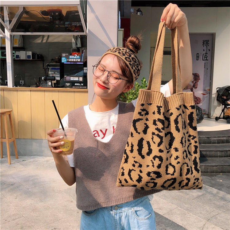 Knitted Shopping Bag Leopard Woven One-Shoulder Casual Portable Shoulder Handle Bag